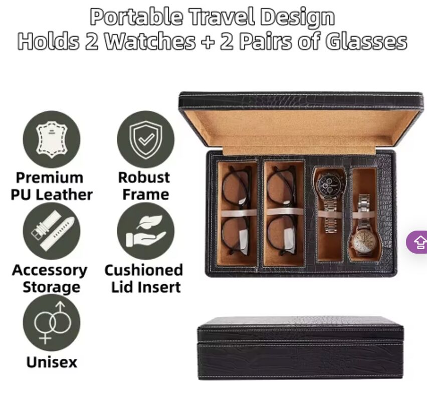 4 Slot PU Leather Watch Glasses Storage Box Organizer Magnetic Closure Crocodile Texture