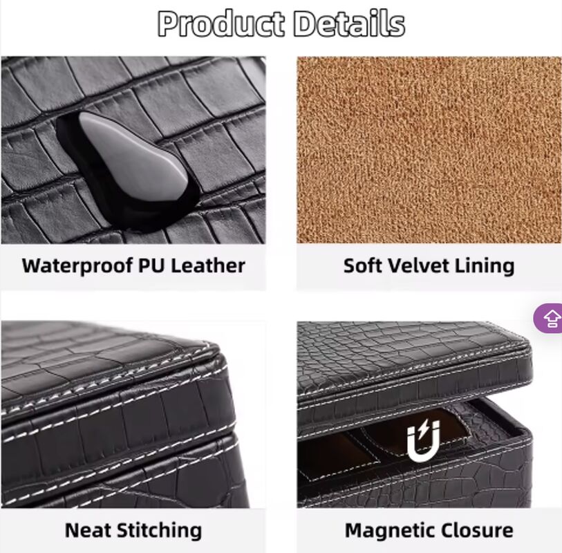 4 Slot PU Leather Watch Glasses Storage Box Organizer Magnetic Closure Crocodile Texture