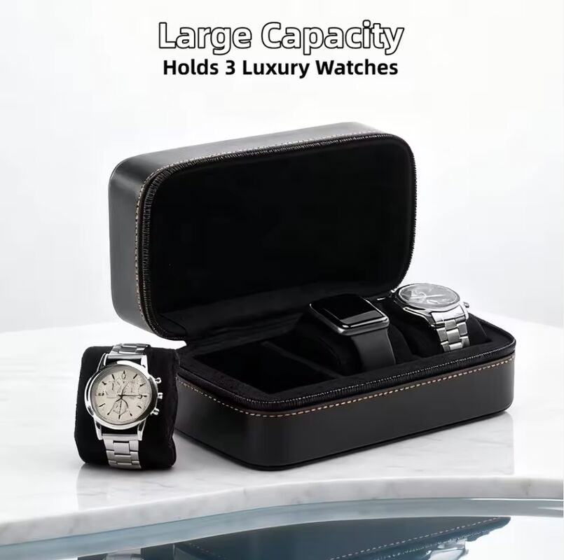 Portable Mens Luxury Watch Box 3 Slot PU Leather Case Gift Box with Velvet Lining