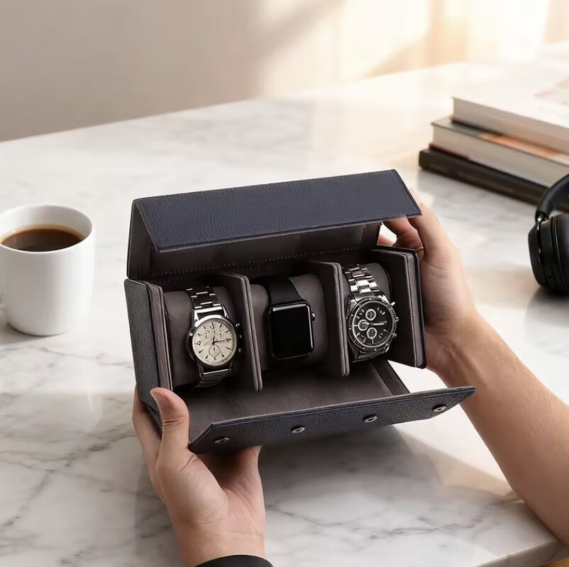 Luxury Handmade 3 Slots PU Leather Watch Box with Velvet Lining OEM ODM Custom Logo