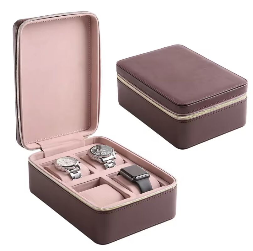 OEM ODM Custom 4 Slot Watch Box Luxury PU Leather Case Velvet Lining tahan lama Zipper Closure