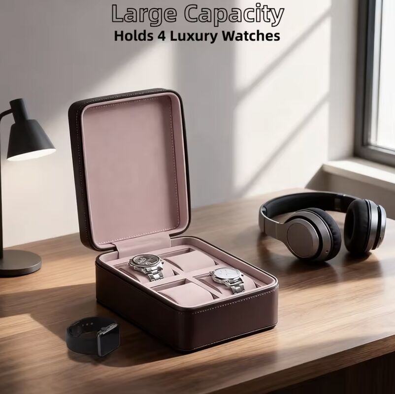 OEM ODM Custom 4 Slot Watch Box Luxury PU Leather Case Velvet Lining tahan lama Zipper Closure
