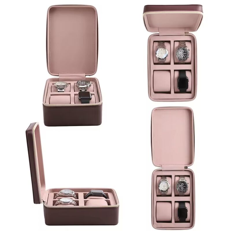 OEM ODM Custom 4 Slot Watch Box Luxury PU Leather Case Velvet Lining tahan lama Zipper Closure