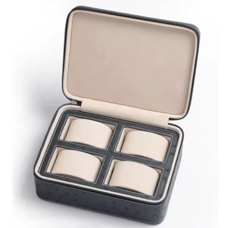 Custom Logo Leather Watch Boxes 4 Slots Ostrich Pattern Leather Case For 4 Watches