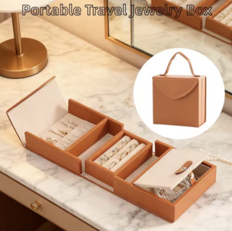 Luxury Small Portable Folding Travel Custom PU Leather Jewelry Box Organizer Case for Necklaces Rings Bracelets