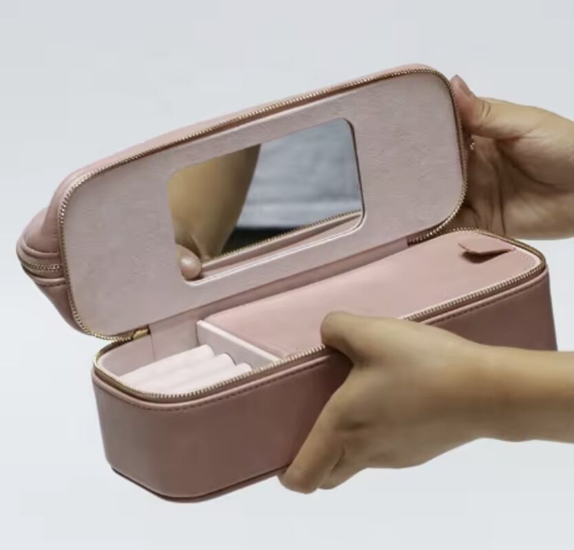 Leather Zipper Mirror Makeup Brush Cosmetic Storage Travel Jewelry Organizer Gift Bag