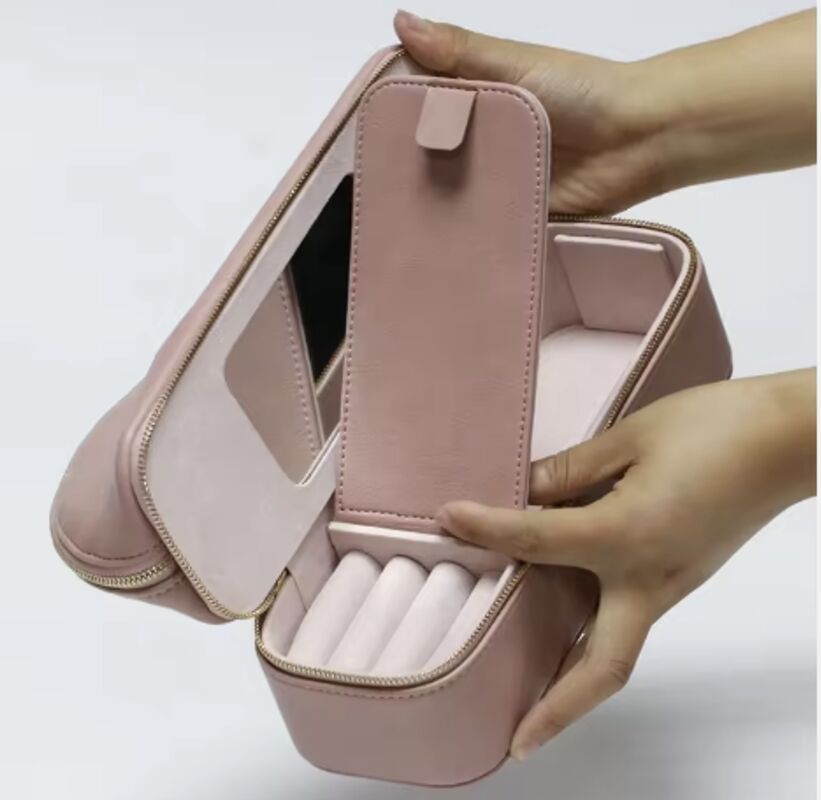 Leather Zipper Mirror Makeup Brush Cosmetic Storage Travel Jewelry Organizer Gift Bag
