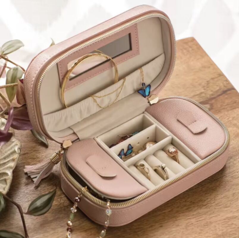 Custom Logo Leather Women's Jewelry Box Makeup Cosmetic Bag Pouch With Mirror