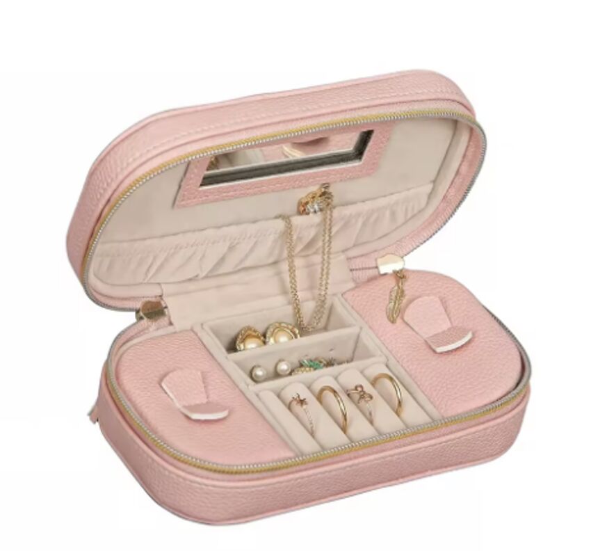 Custom Logo Leather Women's Jewelry Box Makeup Cosmetic Bag Pouch With Mirror