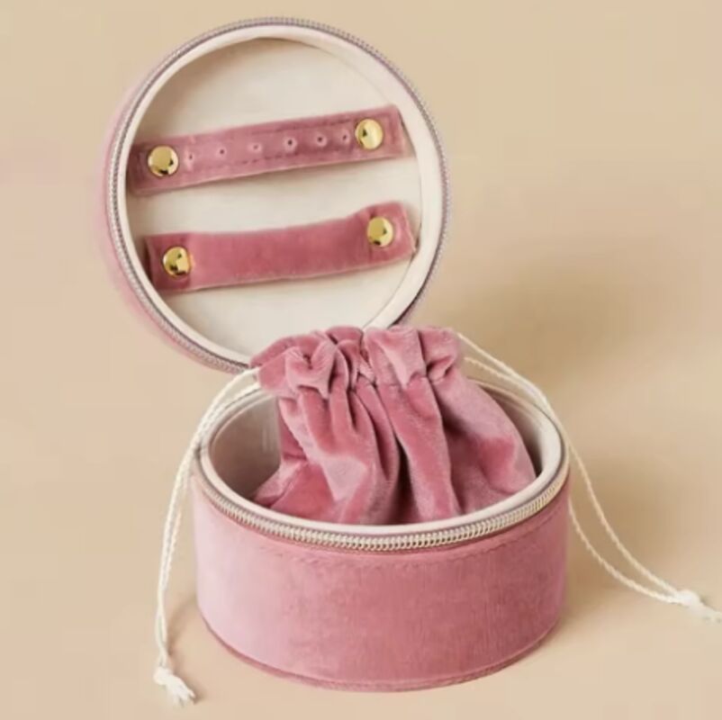 Round PU Leather Jewellery Box Organizer Wth Zipper Closure And Drawstring Pouch