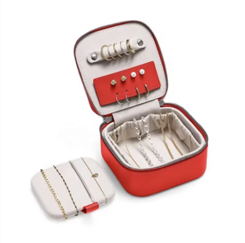 OEM Custom Logo Leather Jewelry Travel Box Portable Ring Zipper Velvet Storage Case