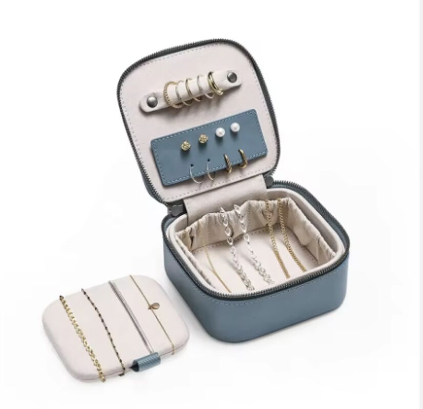 OEM Custom Logo Leather Jewelry Travel Box Portable Ring Zipper Velvet Storage Case