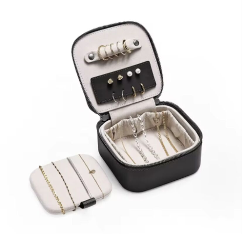 OEM Custom Logo Leather Jewelry Travel Box Portable Ring Zipper Velvet Storage Case