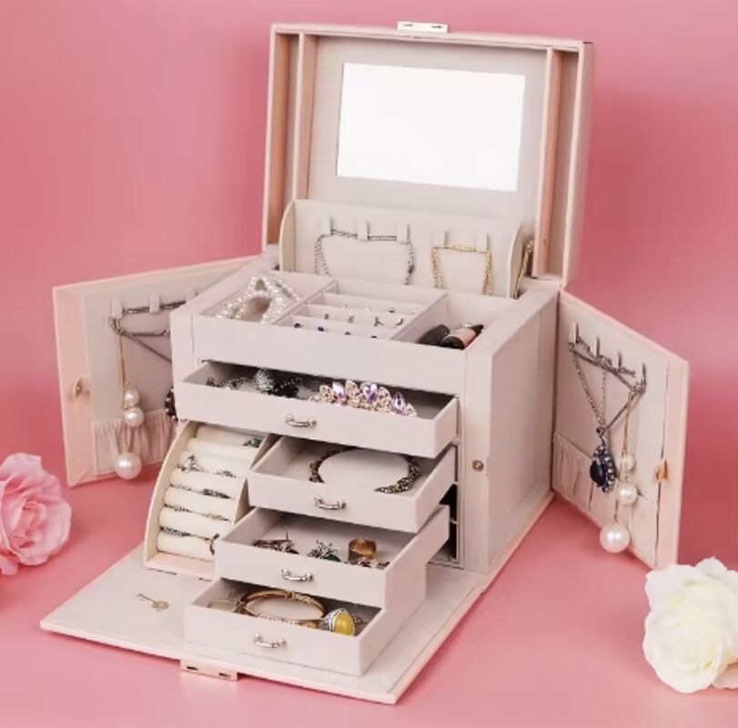 Large Capacity PU Leather Jewelry Boxes With Mirror Custom Logo For Storage Packaging