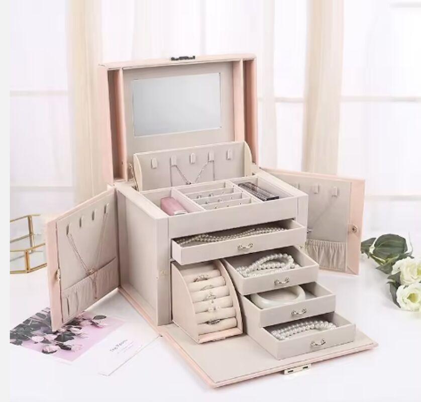Large Capacity PU Leather Jewelry Boxes With Mirror Custom Logo For Storage Packaging