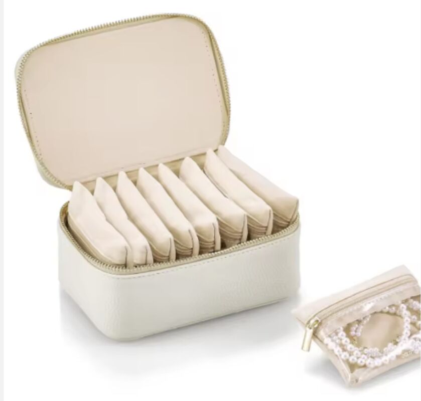 Convenient PU Leather Travel Jewelry Case With Velvet Pouch For Rings Necklaces Storage