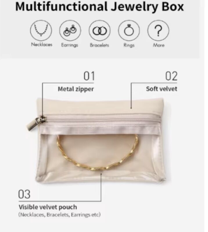 Convenient PU Leather Travel Jewelry Case With Velvet Pouch For Rings Necklaces Storage