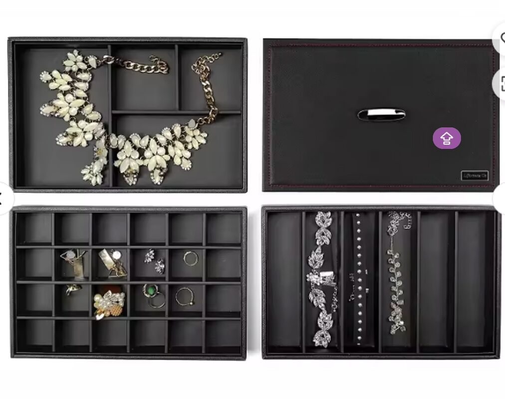 Black Color 24 Slot PU Leather Jewelry Boxes Stackable Necklace Display Trays Handmade