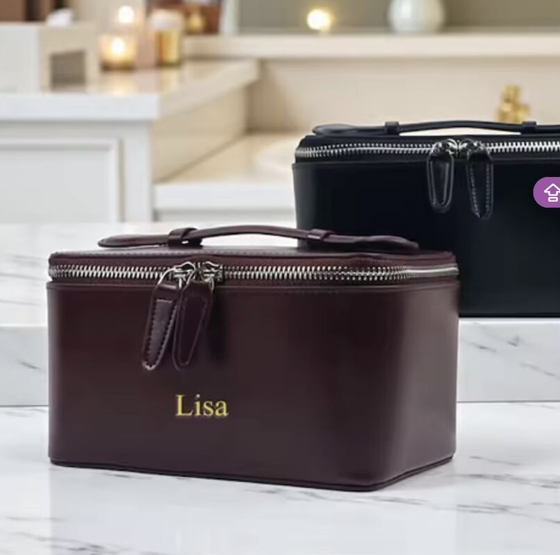 Personalized PU Leather Makeup Vanity Case Women Travel Cosmetic Bag With Handle