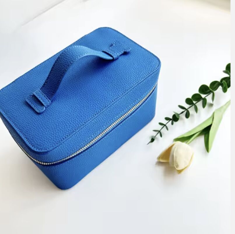 Blue Color Pu Pebble Leather Cosmetic Travel Case Unisex Custom Logo With Soft Handle