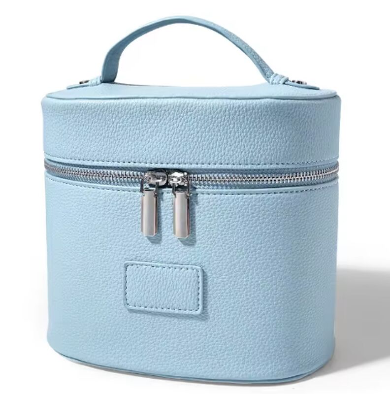 OEM Portable Handle Leather Cosmetic Cases Ladies Travel Toiletry Bag Light Blue Color