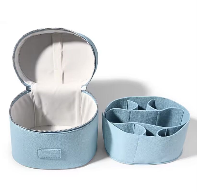 OEM Portable Handle Leather Cosmetic Cases Ladies Travel Toiletry Bag Light Blue Color