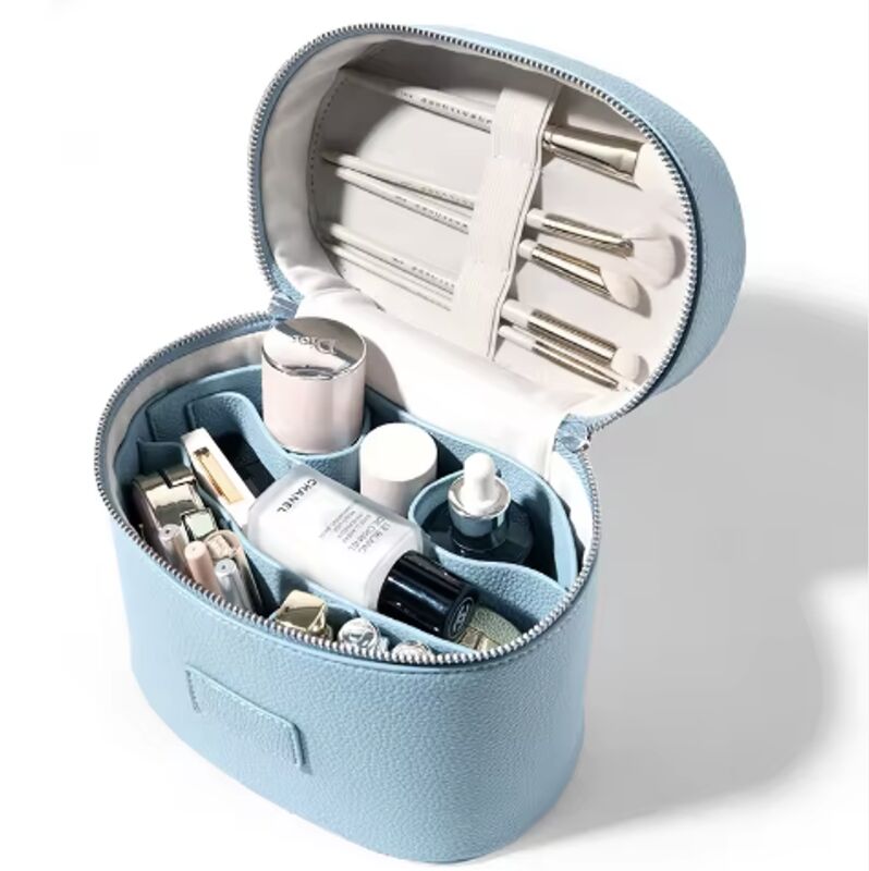OEM Portable Handle Leather Cosmetic Cases Ladies Travel Toiletry Bag Light Blue Color