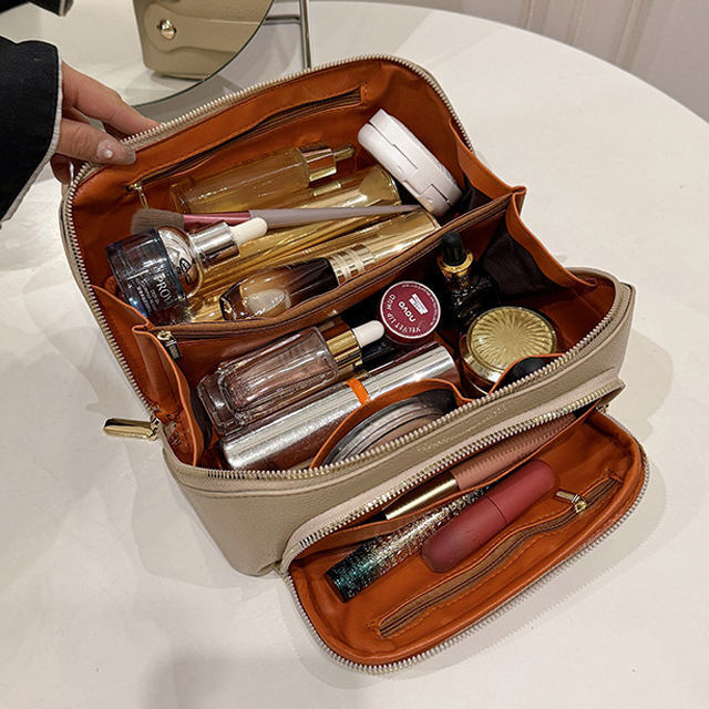 Custom Size Womens Leather Cosmetic Bag Zipper Closure PU Pebble Leather Toiletry Bag