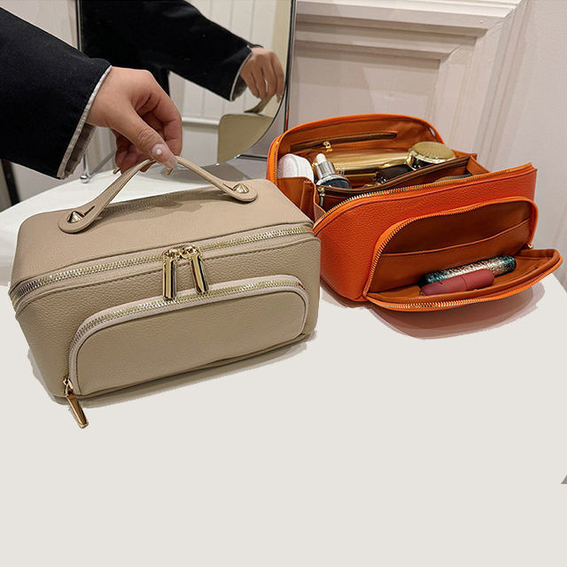 Custom Size Womens Leather Cosmetic Bag Zipper Closure PU Pebble Leather Toiletry Bag