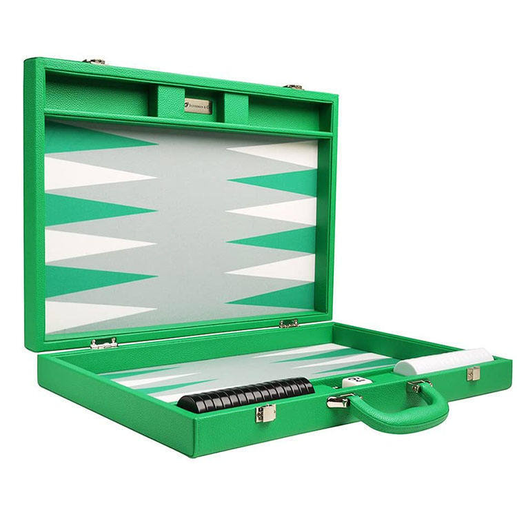 Handmade Green Leather Travel Backgammon Set Box Portable Custom Color
