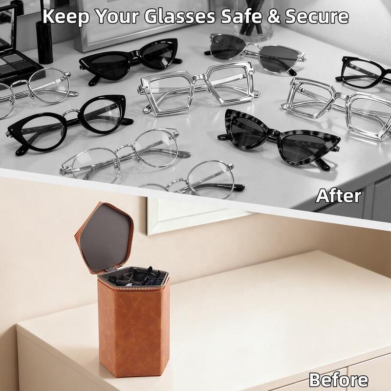 Pentagonal Personalised Glasses Case Leather 5 Slots Leather Eyeglass Pouch OEM Logo