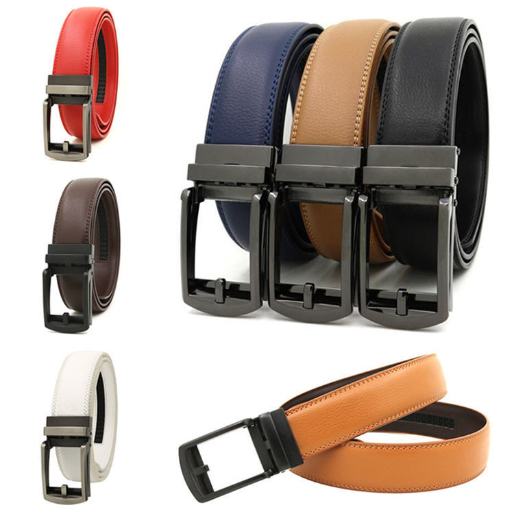 Genuine Cowhide Cow Leather Belts Automatic Ratchet Fake Pin Buckle Belt for Mens
